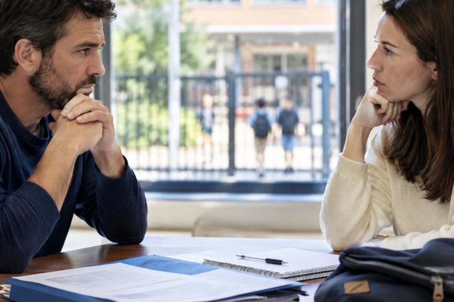 Pareja separada discutiendo sobre el cambio de colegio de su hijo